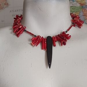Red Coral Necklace with Black Onyx Pendant